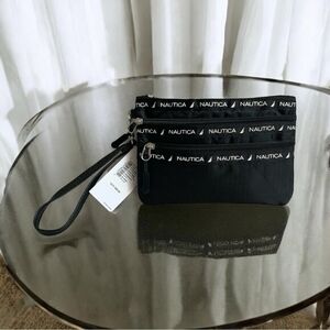 Nautica Women’s Black Nylon Triple Zip Wristlet Clutch Bag Travel NWT